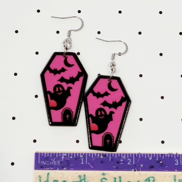 Pink Ghost with Bats Coffin Earrings Stainless Steel Hooks Halloween Punk NEW - Picture 3 of 5